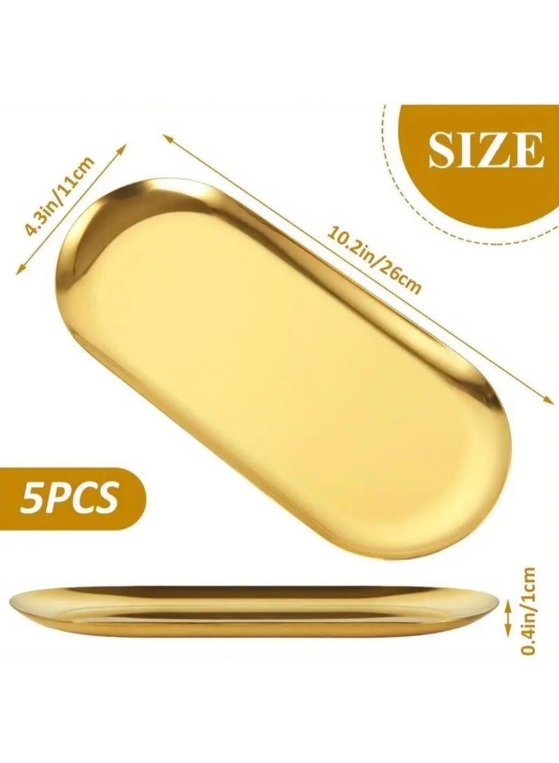 Nakhl 5pcs 26cm Oval Stainless Steel Serving Tray,Golden Decorative Tray Thickened for Entertaining Snack,Jewelry Dish,Cosmetics Organizer,Bathroom - Image 2